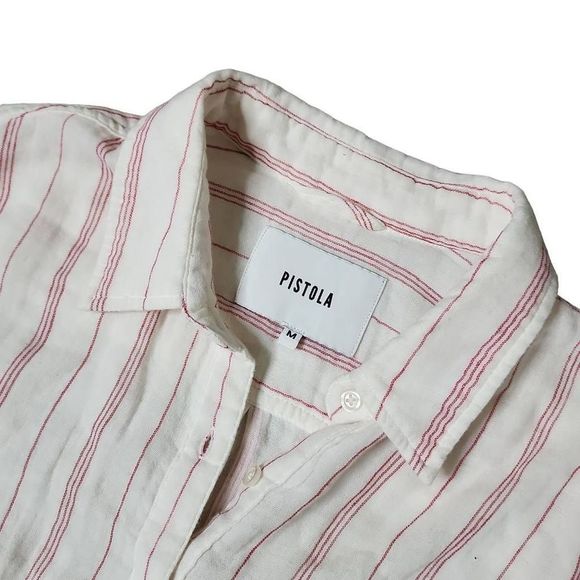 Pistola Tops | Pistola Crop Button Down in Manchester Stripe | Color: Pink/White - Picture 5 of 6